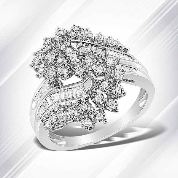 10K White Gold 1/2 Cttw Round and Baguette-Cut "S" Shaped Bypass Cocktail Ring (I-J Color, I1-I2 Clarity) - Size 7
