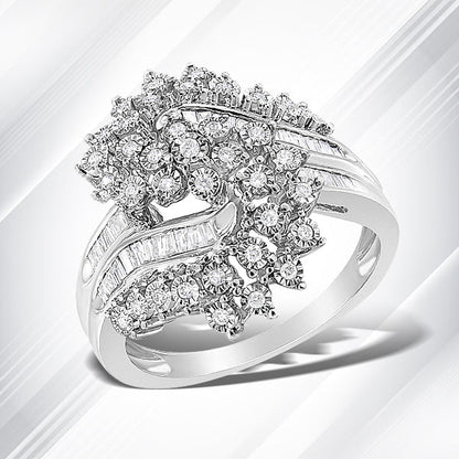 10K White Gold 1/2 Cttw Round and Baguette-Cut "S" Shaped Bypass Cocktail Ring (I-J Color, I1-I2 Clarity) - Size 7