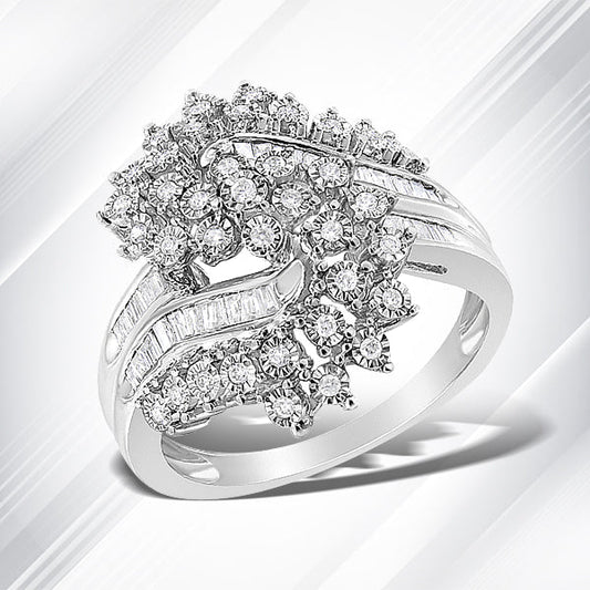10K White Gold 1/2 Cttw Round and Baguette-Cut "S" Shaped Bypass Cocktail Ring (I-J Color, I1-I2 Clarity) - Size 7