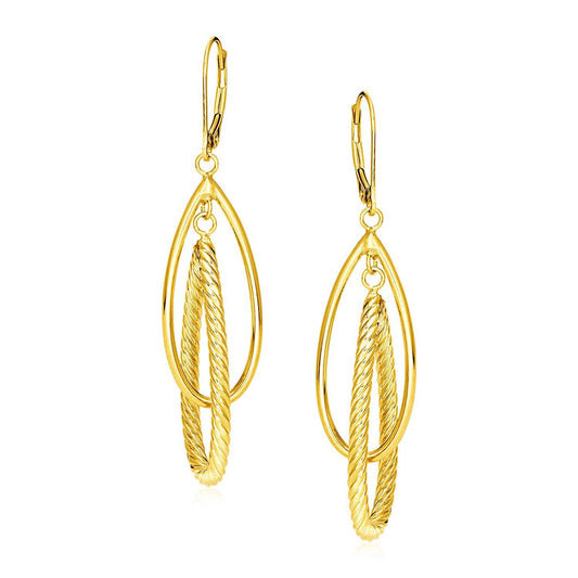 Boucles d'oreilles en or jaune 14 carats avec pampilles goutte d'eau brillantes et texturées