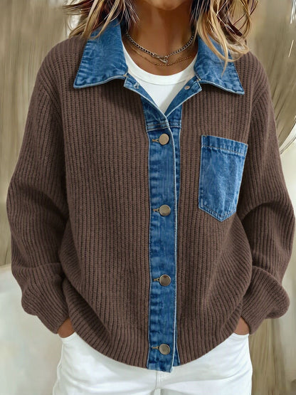 2026 European And American Cross-border Denim Patchwork Knit Cardigan For Women, Loose And Casual Style, Color-block Long-sleeve Sweater Jacket