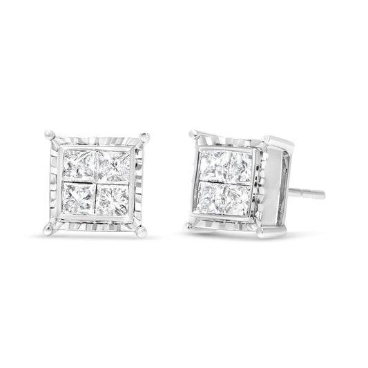 Boucles d'oreilles clous contemporaines en or blanc 14 carats, diamants taille princesse sertis invisibles 1,5 carat total, motif ondulé (couleur I-J, pureté I1-I2)