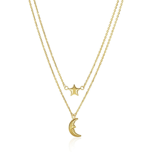Collier chaîne double rang en or jaune 14 carats avec lune et étoile soufflées