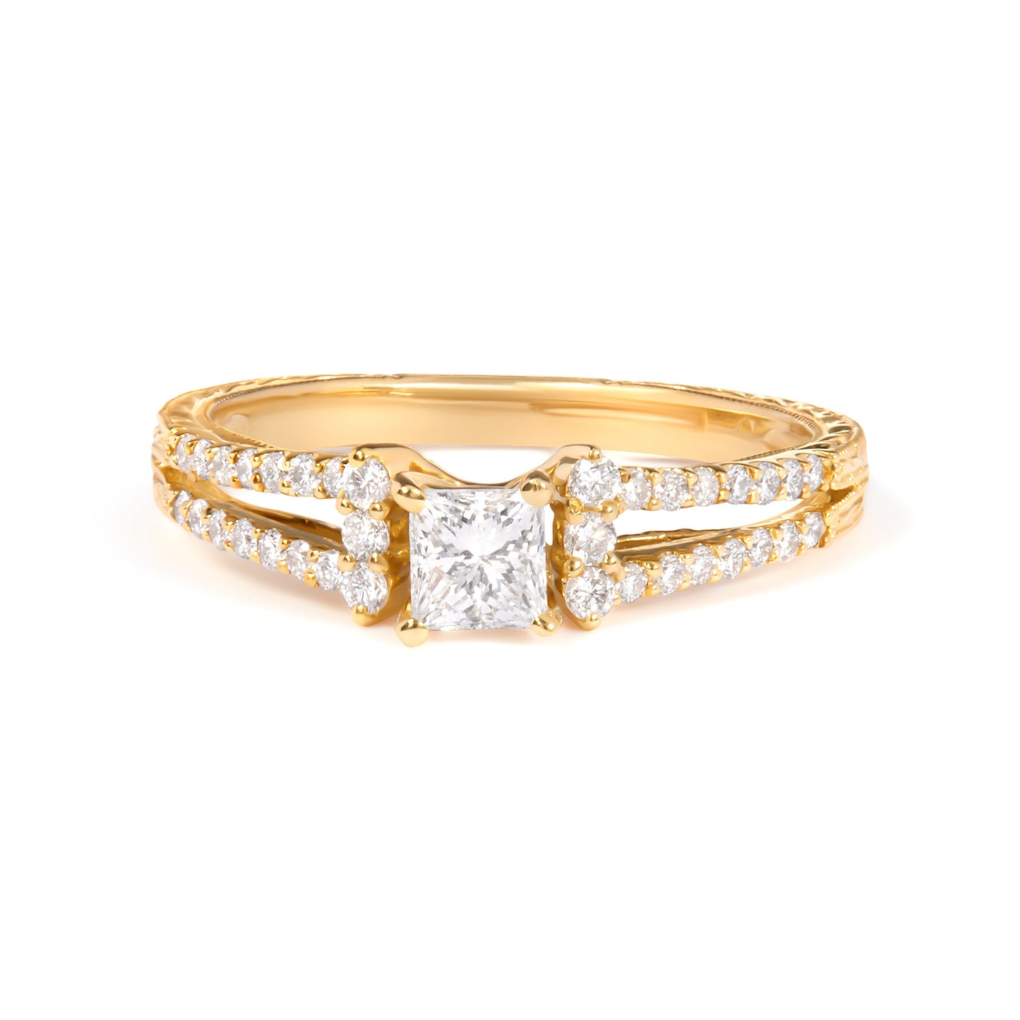 14K Yellow Gold Diamond 5/8 Cttw Princess Diamond Split Shank and Milgrain Engagement Ring (G-H Color, VS2-SI1 Clarity) - Size 7