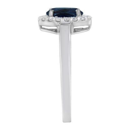 10K White Gold 1/5 Cttw Round Diamond and Prong Set 7MM Created Blue Sapphire Halo Cocktail Ring (H-I Color, I1-I2 Clarity) - Size 7