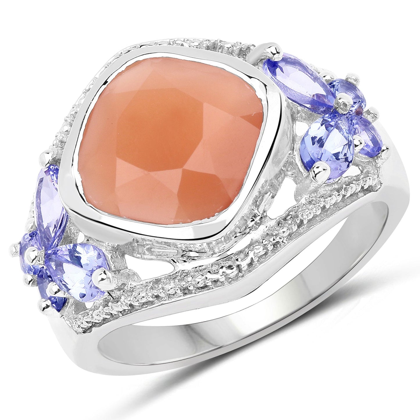 4.67 Carat Genuine Peach Moonstone and Tanzanite .925 Sterling Silver Ring