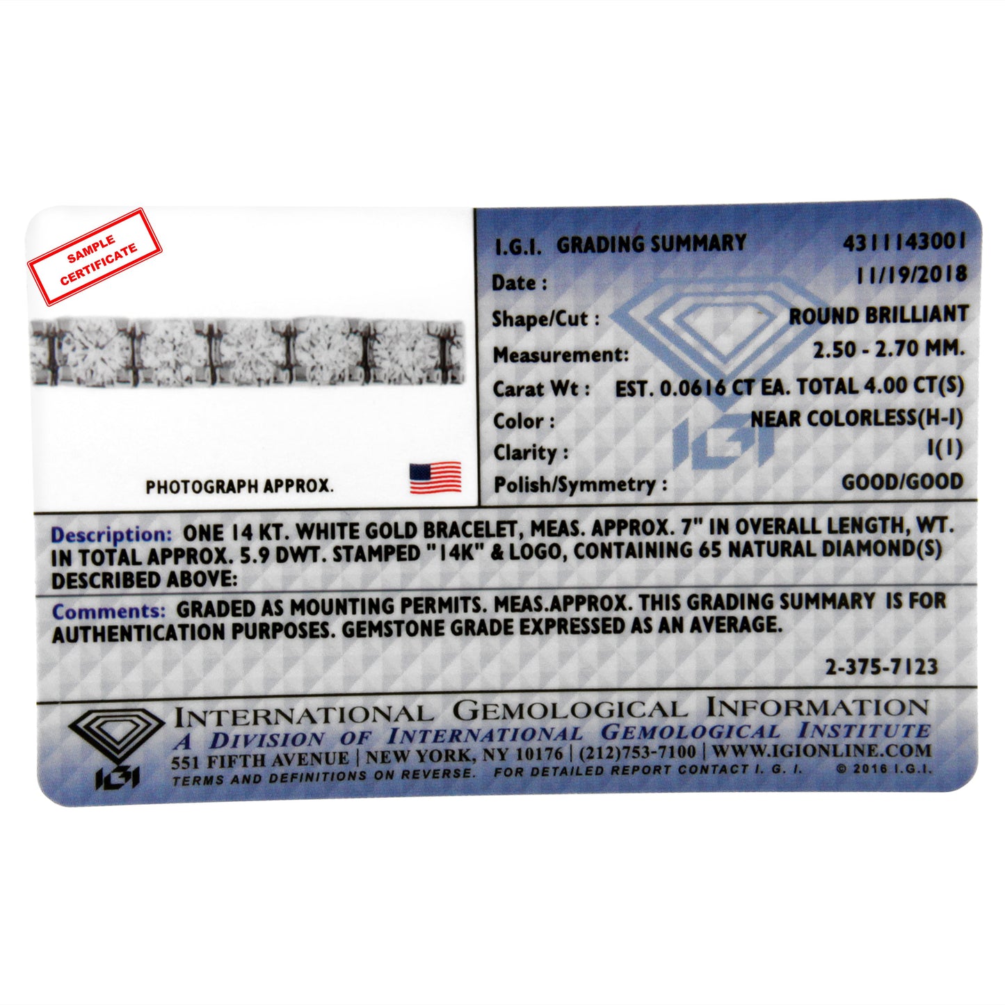 IGI Certified 5.0 Cttw Cut Diamond 14K White Gold Classic 7â€ Tennis Bracelet (H-I Color, I1-I2 Clarity)