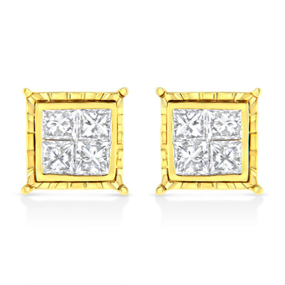 14K Yellow Gold 1 Cttw Princess Cut Diamond Square Stud Earrings