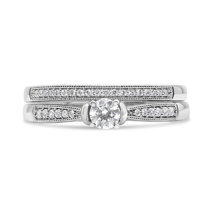 .925 Sterling Silver 1/3 Cttw Diamond Classic Engagement Ring Bridal Set with Milgrain (I-J Color, I3 Clarity) - Ring Size 7