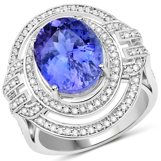 Bague en or blanc 14 carats, tanzanite véritable de 6,83 carats et diamants blancs