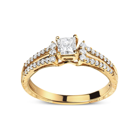 Bague de fiançailles 14 carats en or jaune avec diamant princesse 5/8 carats, tige fendue et millegrains (couleur G-H, pureté VS2-SI1) - Taille 7