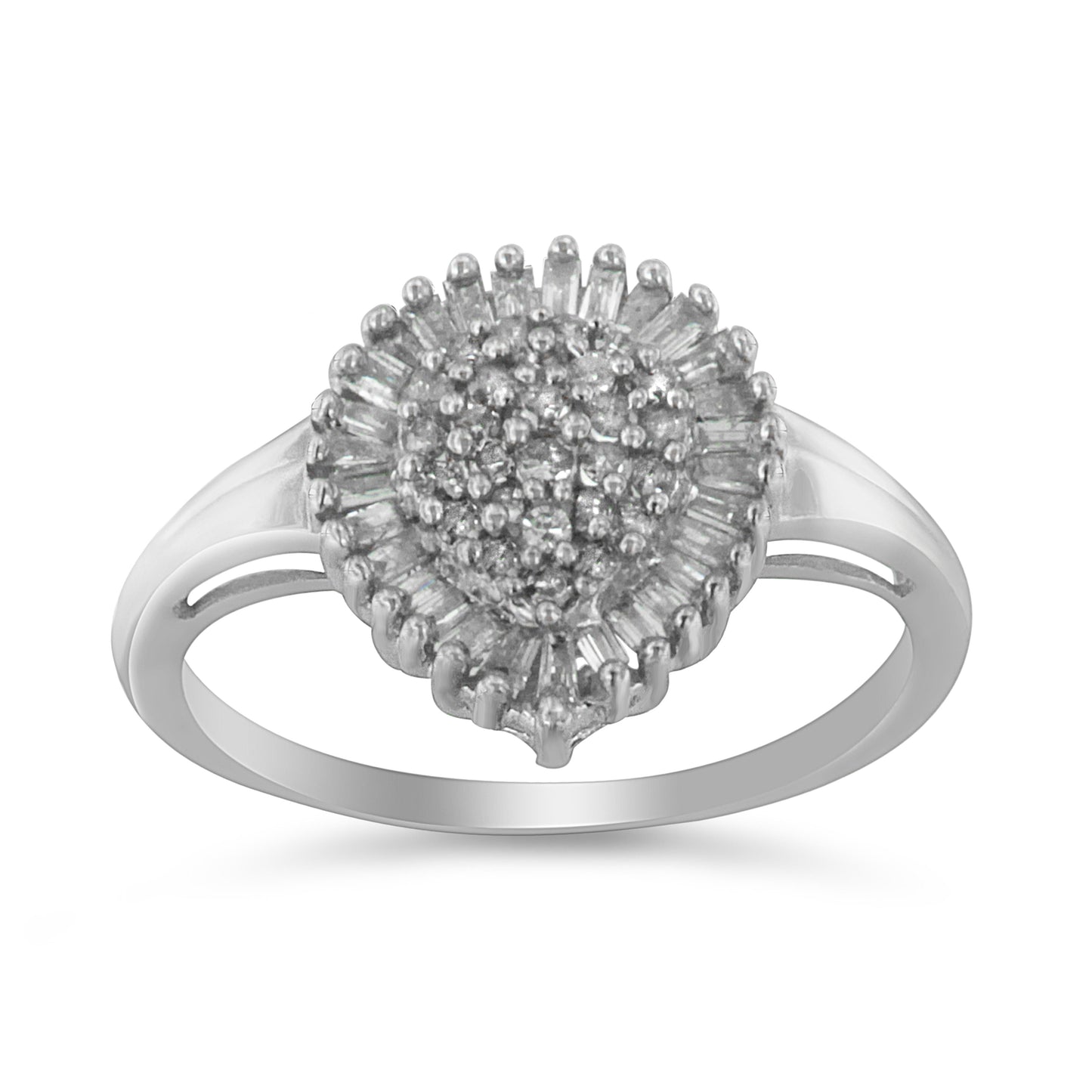10K White Gold 1/2 Cttw Round & Baguette Cut Diamond Pear Shaped Domed PavÃ© Cluster with Halo Cocktail Ring (H-I Color, SI1-SI2 Clarity) - Size 5