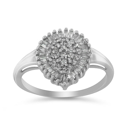 10K White Gold 1/2 Cttw Round & Baguette Cut Diamond Pear Shaped Domed PavÃ© Cluster with Halo Cocktail Ring (H-I Color, SI1-SI2 Clarity) - Size 5
