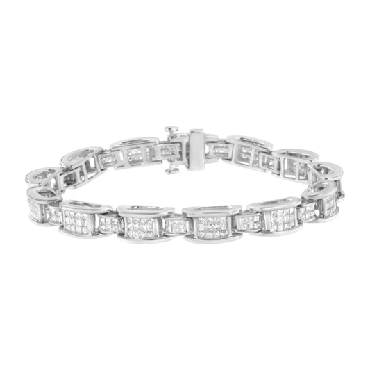 Bracelet de tennis 14 carats en or blanc avec diamants taille princesse sertis invisibles, maillons en D de taille alternée, 5,0 carats (couleur H-I, pureté SI2-I1) - 7 po