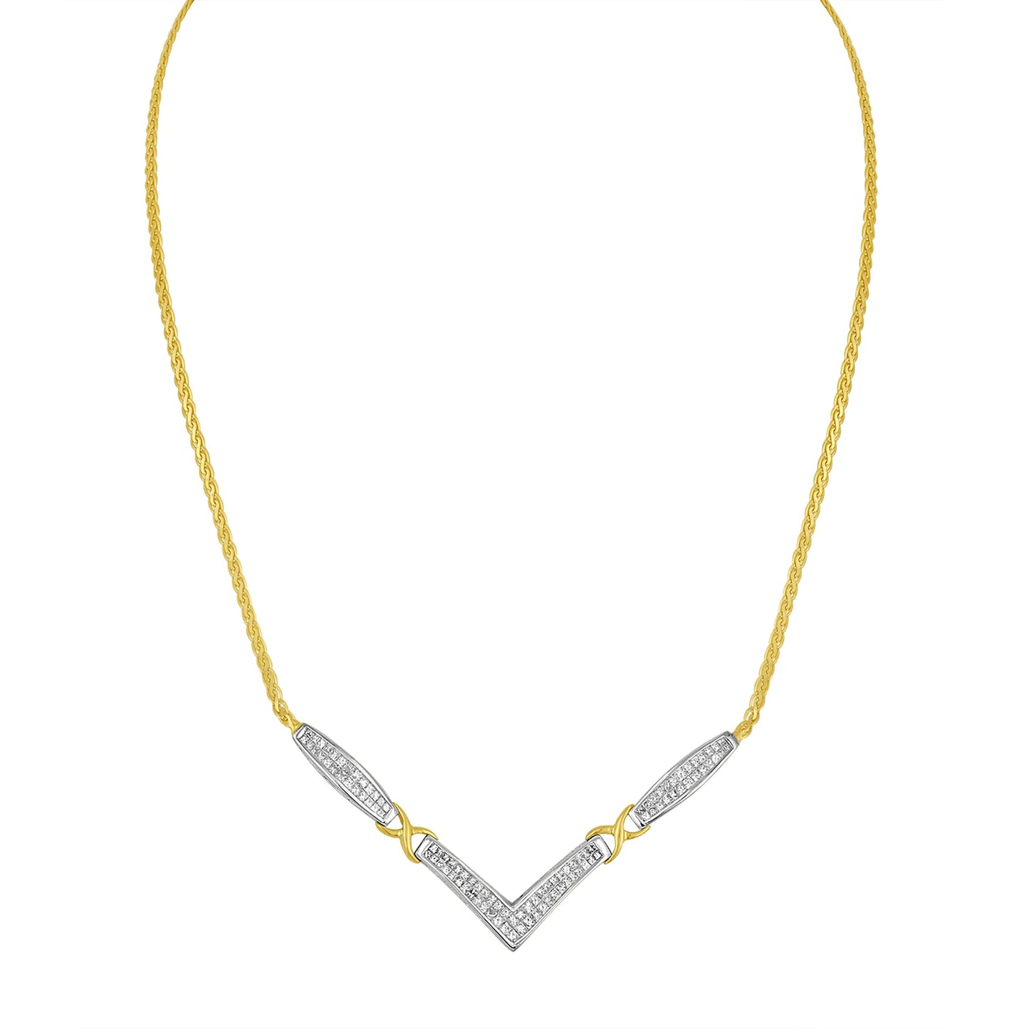 14K Yellow and White Gold 2.0 Cttw Princess Cut Diamond Flared and X-Station V Shaped 18â€ Franco Chain Statement Necklace (H-I Color, SI2-I1 Clarity)