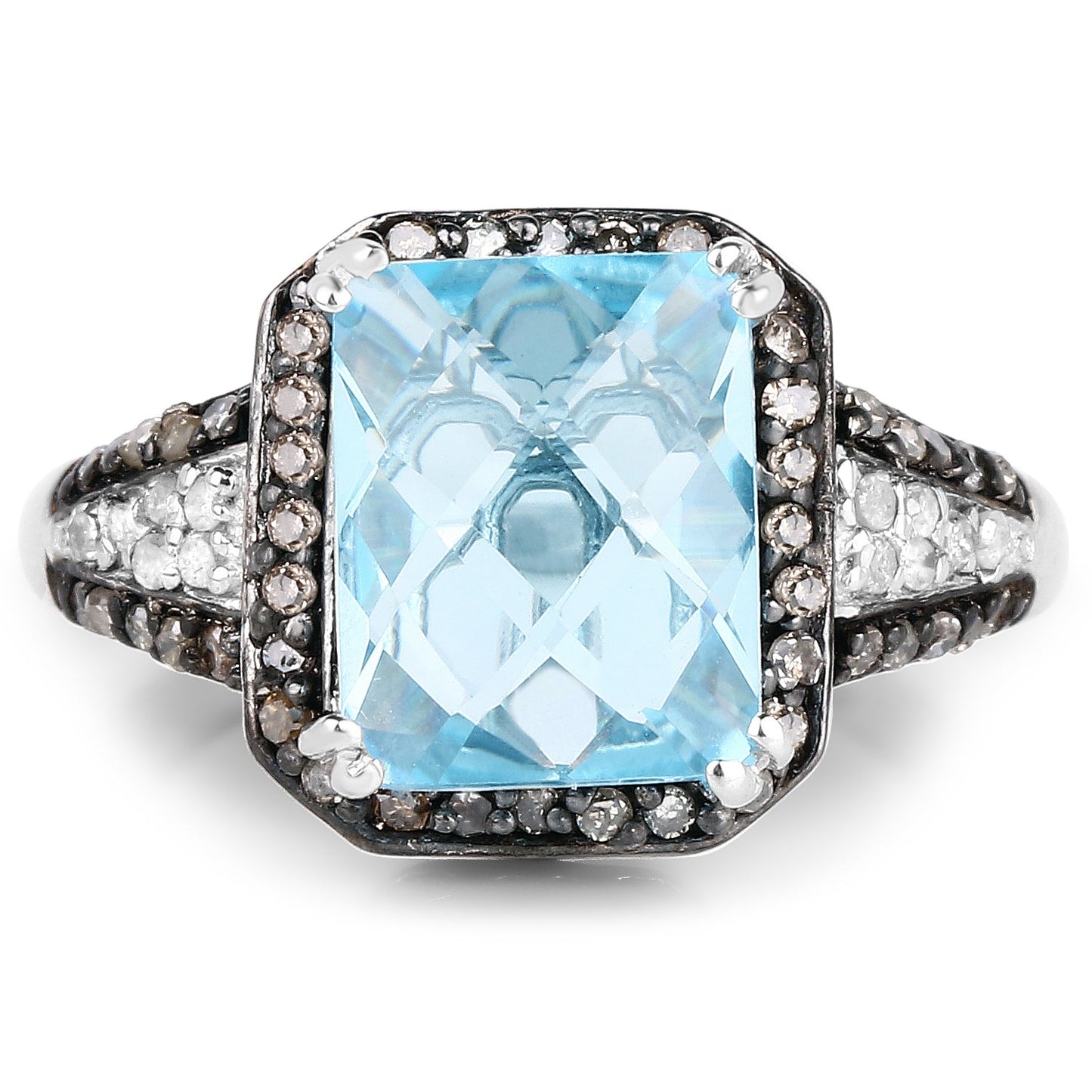 4.33 Carat Genuine Swiss Blue Topaz, Champagne Diamond & White Diamond .925 Sterling Silver Ring