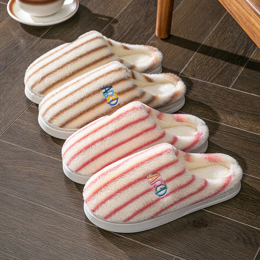 Pantuflas a rayas de felpa INS, zapatos cálidos de invierno bordados con letras, zapatillas de moda para el suelo, dormitorio, hogar, para mujeres, hombres, parejas