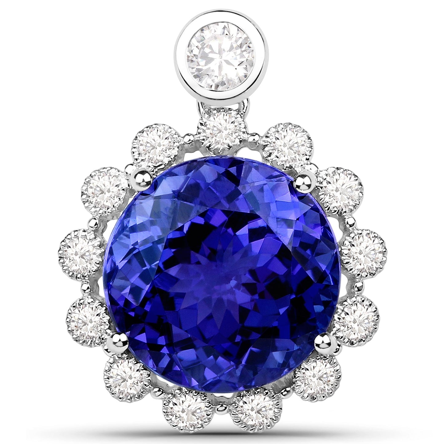 14.36 Carat Genuine Tanzanite and White Diamond 18K White Gold Pendant