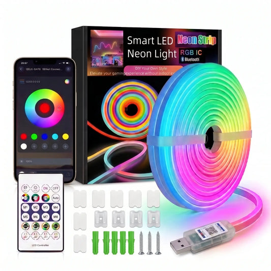 Upgraded RGBIC Smart Neon LED Light Strip (5M/10M), Bluetooth APP & Remote Controlled Color Changing Mood Lights with Music Sync, Self-Adhesive USB Powered, for Room Decor, Cool Room Decor, Gaming Setup Accessories, Man Cave Gadgets