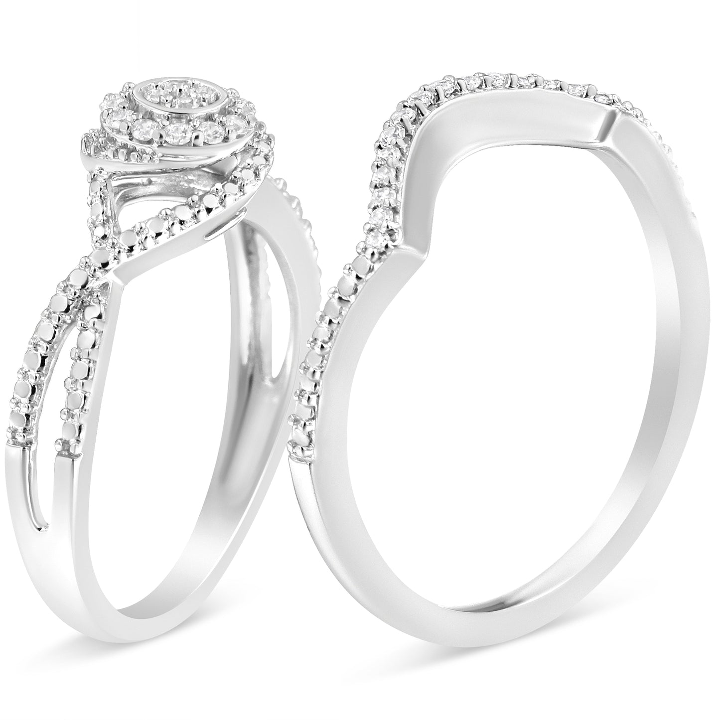 .925 Sterling Silver 1/6 Cttw Diamond Composite Halo and Split Shank Bridal Set Ring and Band  (I-J Color, I3 Clarity) - Size 7