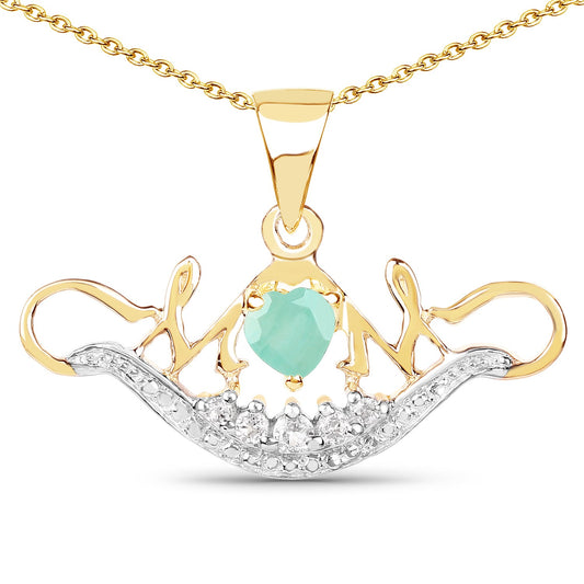 Pendentif en argent sterling 925 plaqué or jaune 14 carats avec émeraude véritable de 0,62 carat et topaze blanche