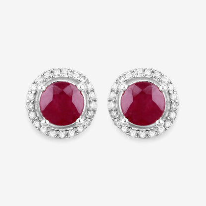 1.22 Carat Genuine Ruby and White Diamond 14K White Gold Earrings