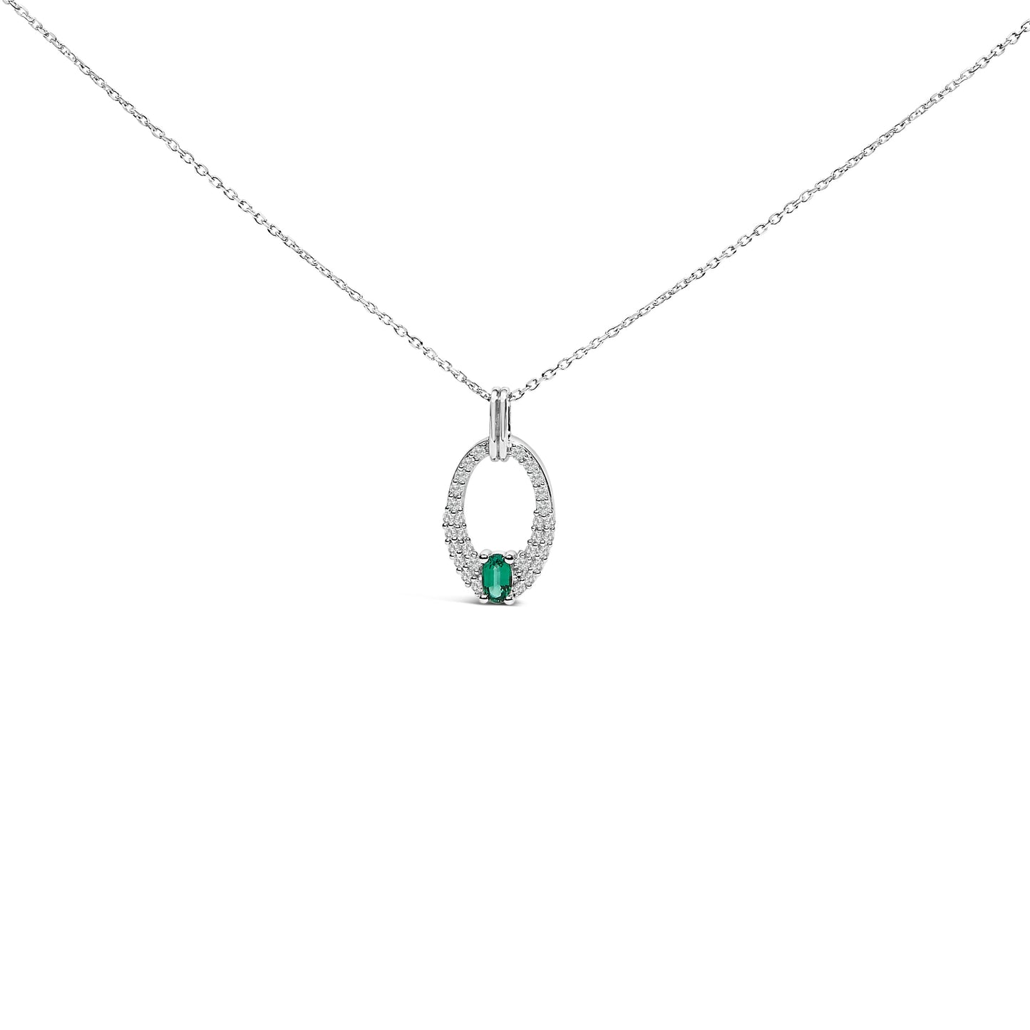 .925 Sterling Silver Created Green Emerald and White Sapphire Oval Shaped Pendant Necklace - 18" Inches