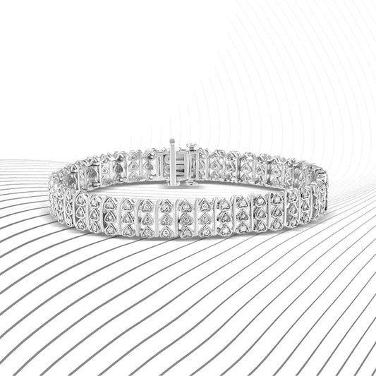 .925 Sterling Silver 1.00 Cttw Diamond Multi Row Heart Link Bracelet (H-I Color, I1-I2 Clarity) - 7.25" Inches