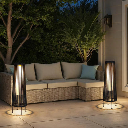 2 Piece Solar Powered Lantern Wicker Solar Patio Lamp Black