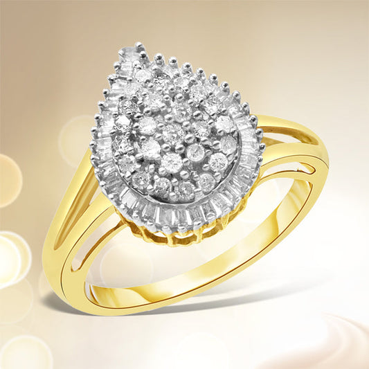 Bague poire en or jaune 10K sertie de diamants ronds et baguettes (Poids total de 0,5 carat, Couleur I-J, Clarté I1-I2) - Taille 7