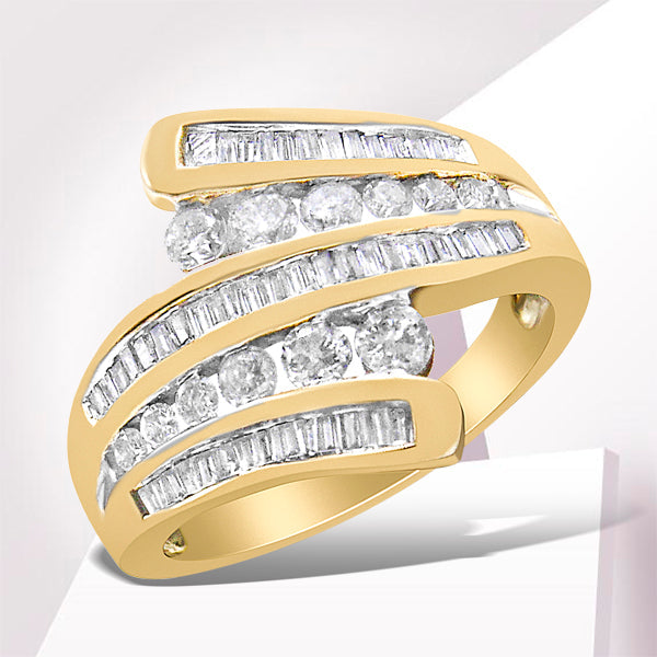 10K Yellow Gold 1 Cttw Round and Baguette-Cut Diamond Multi Row Bypass Ring Band (H-I Color, I1-I2 Clarity) - Ring Size 7
