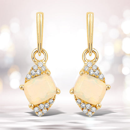 0.57 Carat Genuine Ethiopian Opal and White Diamond 14K Yellow Gold Earrings