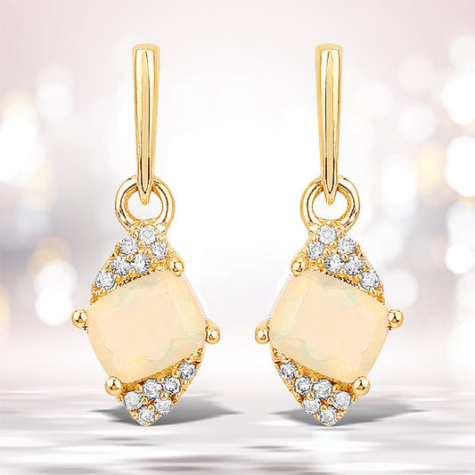 0.57 Carat Genuine Ethiopian Opal and White Diamond 14K Yellow Gold Earrings