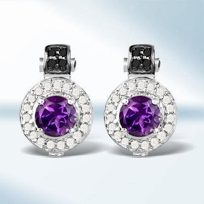 2.29 Carat Genuine Amethyst, Black Diamond and White Diamond .925 Sterling Silver Earrings