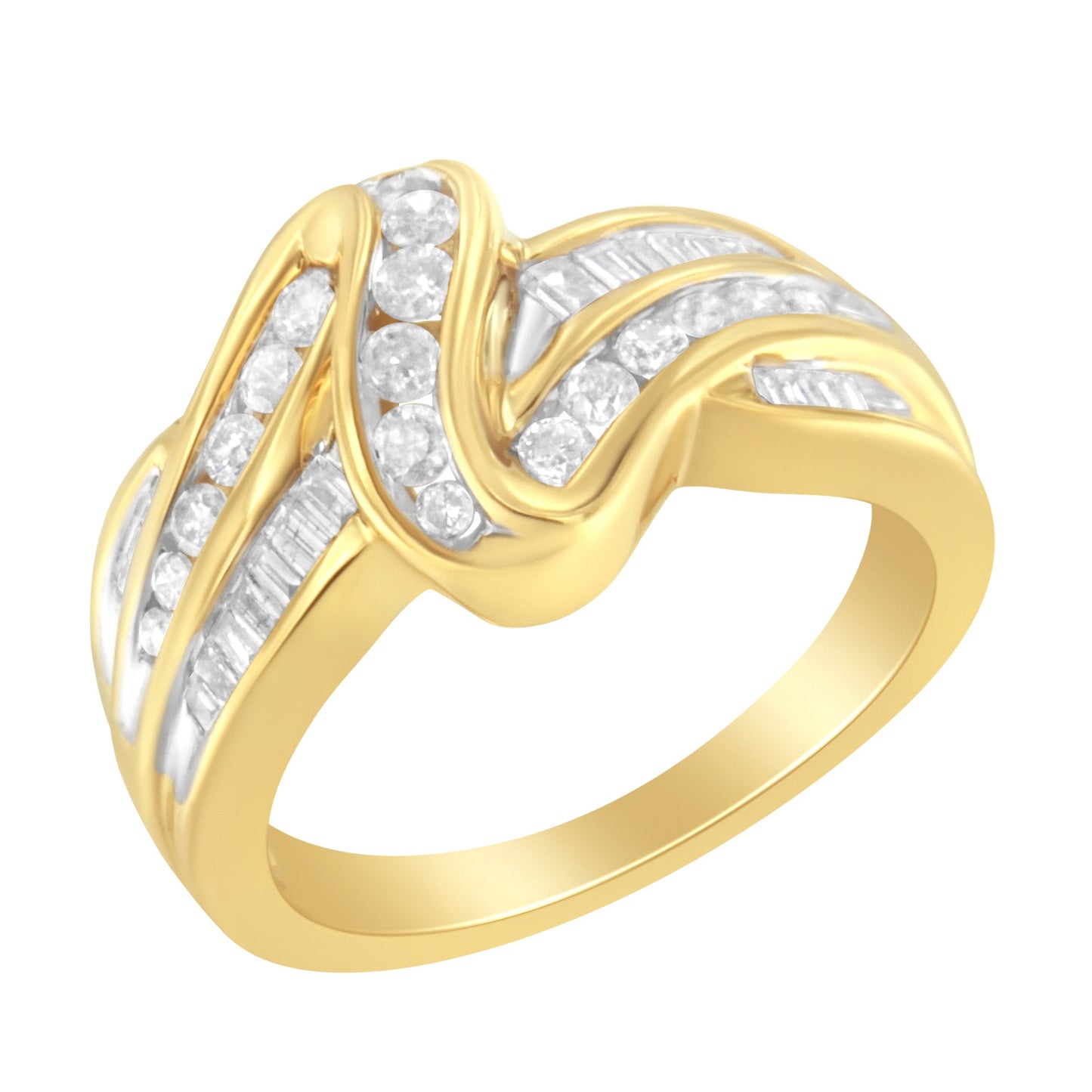10K Yellow Gold 3/4 Cttw Channel Set Round and Baguette-cut Diamond Double Shank Bypass Ring (J-K Color, I1-I2 Clarity) - Size 6.75