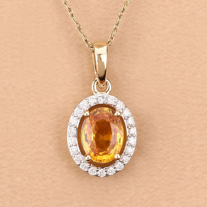 1.78 Carat Genuine Yellow Sapphire and White Diamond 14K Yellow Gold Pendant