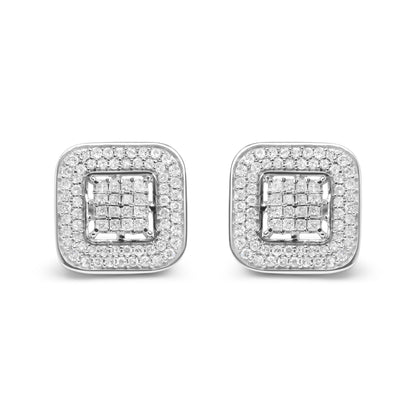 10K White Gold 1.0 Cttw Round and Princess Cut Diamond Composite Open Halo Stud Earrings (H-I Color, SI1-SI2 Clarity)