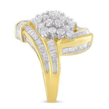10K Yellow Gold Round and Baguette Diamond Crossover Cluster Ring (3 Cttw, I-J Color, I1-I2 Clarity) - Size 7-1/2