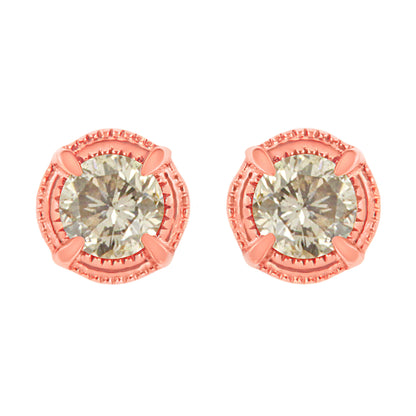 14K Yellow Gold Plated .925 Sterling Silver 1.0 Cttw Round Brilliant Cut Diamond Solitaire Milgrain Stud Earrings (K-L Color, I2-I3 Clarity)