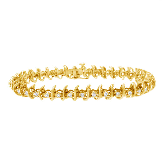 Bracelet en maillons en argent sterling 925 plaqué or jaune 10 carats avec diamants sertis griffes de 1 carat (J-K, I1-I2) - 7,5"