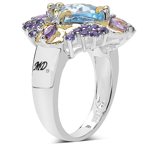 5.66 Carat Genuine Blue Topaz, Amethyst & White Diamond .925 Sterling Silver Ring