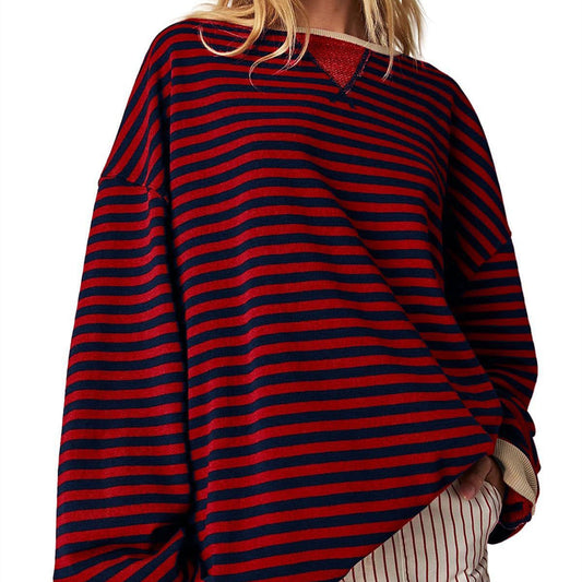 Suéter tipo jersey con rayas bordadas y costuras insertadas a color para mujer