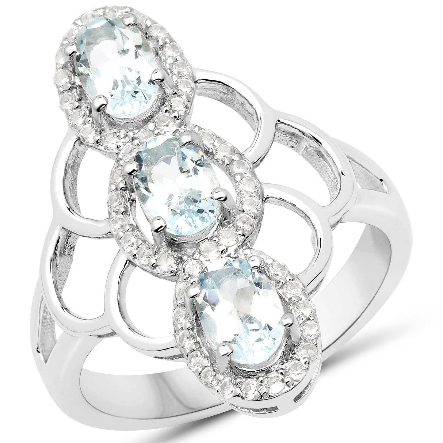 1.54 Carat Genuine Aquamarine and White Zircon .925 Sterling Silver Ring