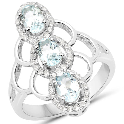 1.54 Carat Genuine Aquamarine and White Zircon .925 Sterling Silver Ring