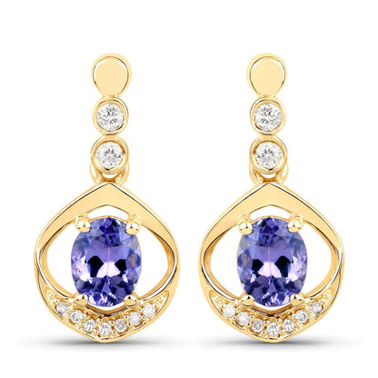 0.76 Carat Genuine Tanzanite and White Diamond 14K Yellow Gold Earrings