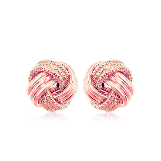 Boucles d'oreilles nœud d'amour en or rose 14 carats texturé nervuré