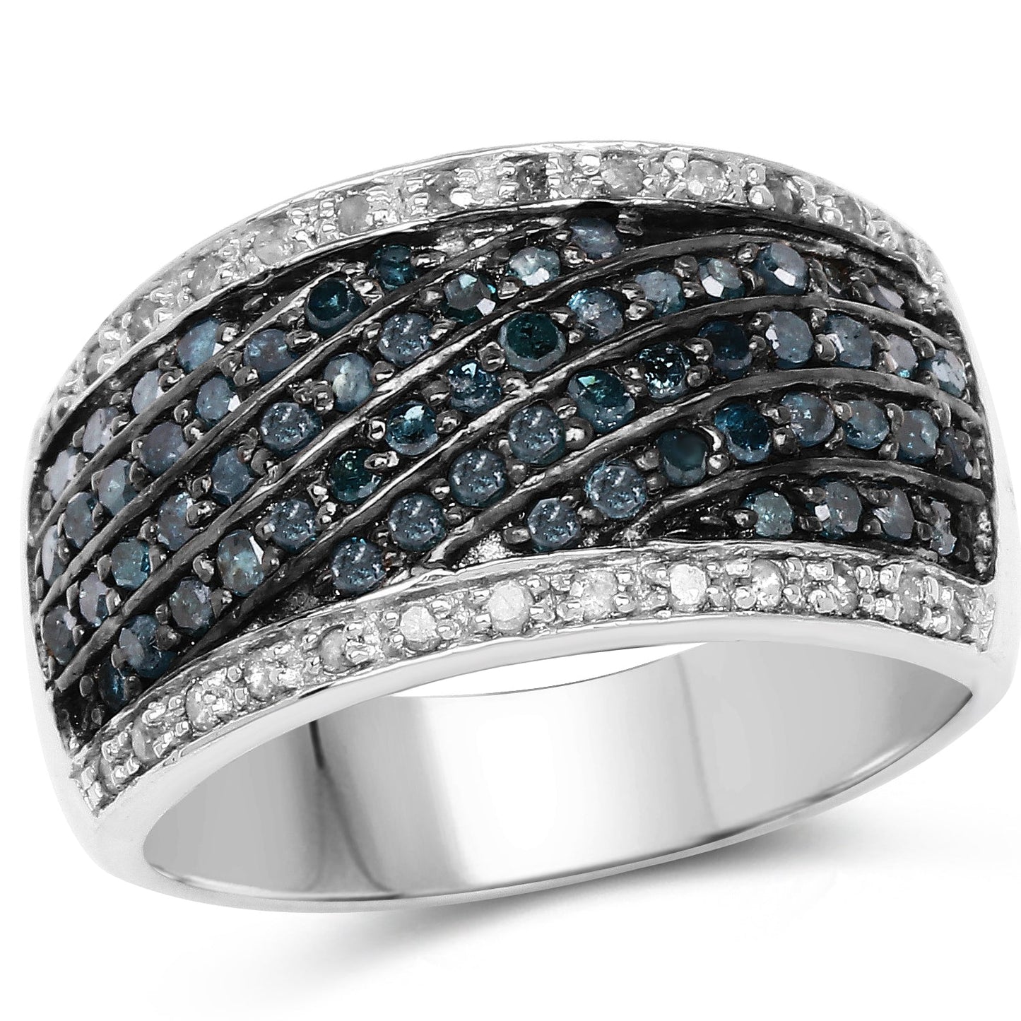 0.80 Carat Genuine Blue Diamond and White Diamond .925 Sterling Silver Ring