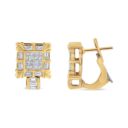 14K Yellow Gold 7/8 Cttw Princess and Baguette-Cut Diamond Square Framed Huggie Hoop Omega Earrings (H-I Color, SI1-SI2 Clarity)