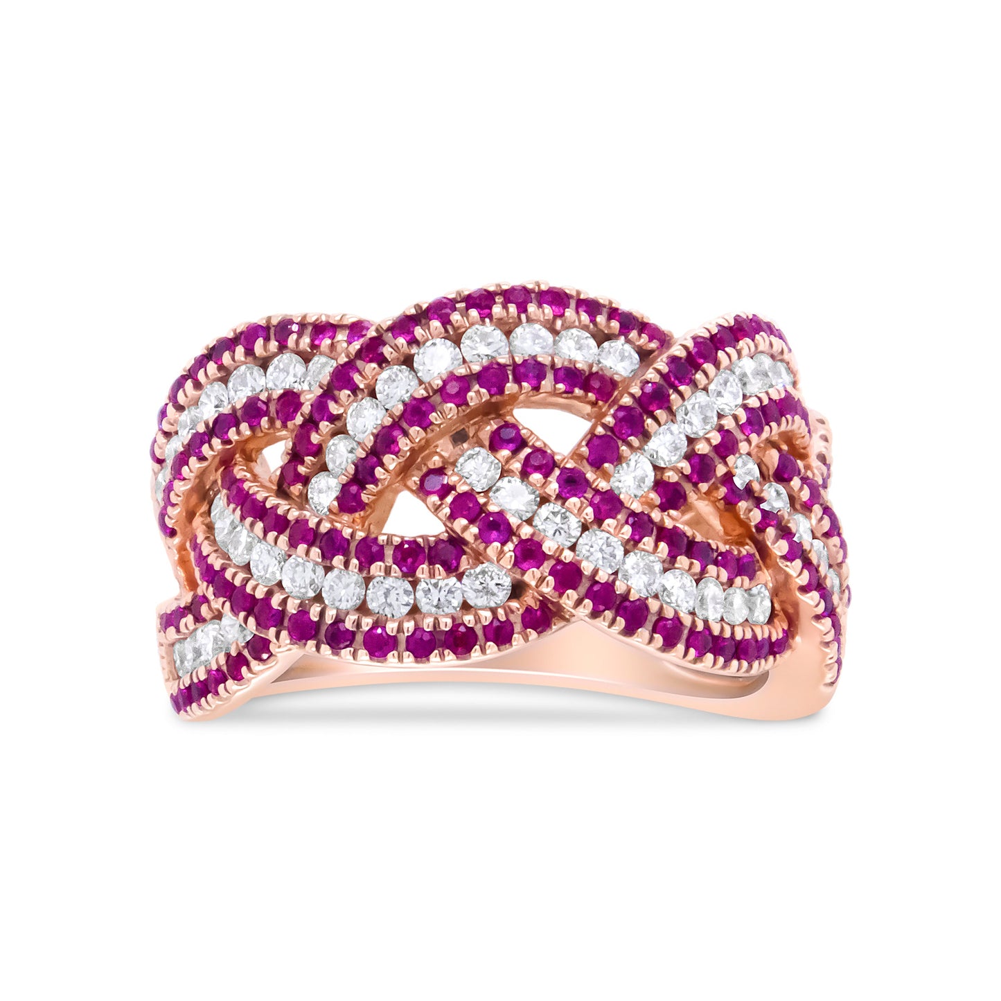 18K Rose Gold Red Ruby and 7/8 Cttw Diamond Woven Braided Band Ring (F-G Color, VS1-VS2 Clarity) - Ring Size 7