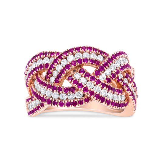 Bague en or rose 18 carats avec rubis rouge et diamants tressés de 0,87 carat (couleur F-G, pureté VS1-VS2) – Taille de bague 7